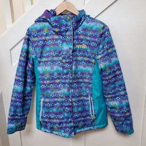 purple teal patterned winter ski coat